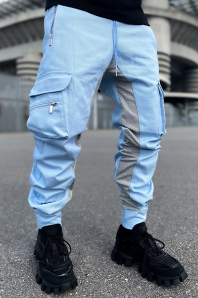 Chic Straight Pants Patchwork Mid Rise Flap Pockets Ankle Length Cargo Pants for Men