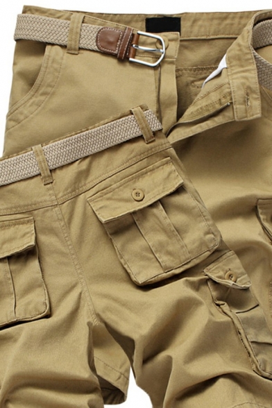 Classic Cargo Shorts Pure Color Zip-Fly Flap Pockets Mid Rise Knee Length Slim Shorts for Men