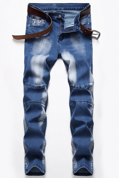 Creative Men's Jeans Bleach Wash Printed Mid Waist Zip Closure Straight Jeans