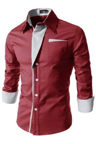 Creative Men's Shirt Contrast Color Button Closure Turn-down Collar Long Sleeve Fitted Shirt Top