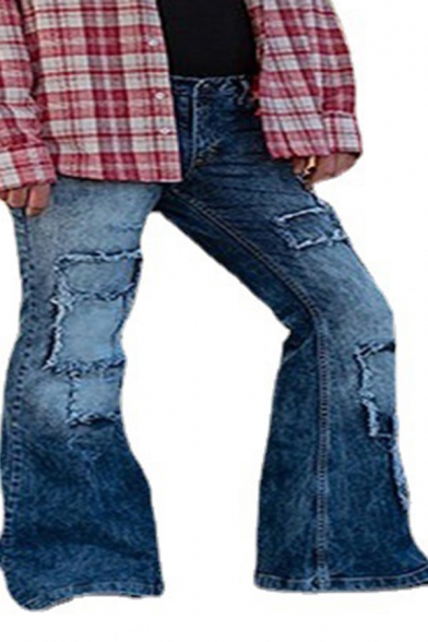 Fashionable Jeans Raw Edge Patch Full Length Mid-Rise Flared Jeans for Men