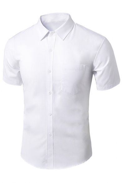 Formal Shirt Solid Color Short Sleeve Turn-down Collar Button-up Slim Shirt Top for Men
