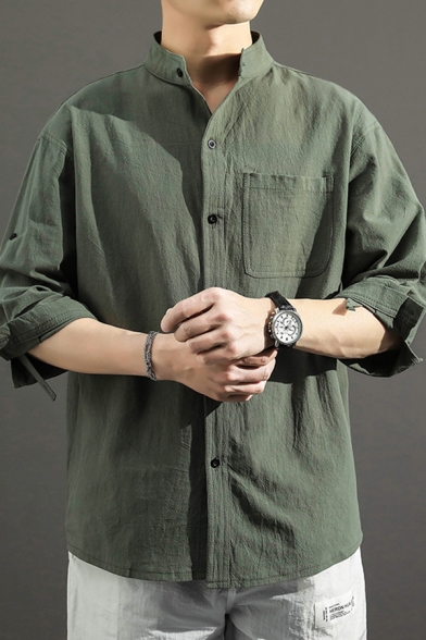 Leisure Men's Shirt Plain Linen Pocket Detail 3/4 Sleeves Stand Collar Button Closure Loose Fit Shirt Top