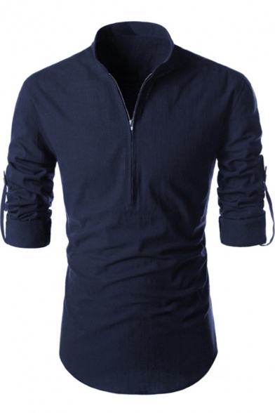 Leisure Men's Shirt Plain Long Sleeve V-Neck Zip-up Slim Shirt Top