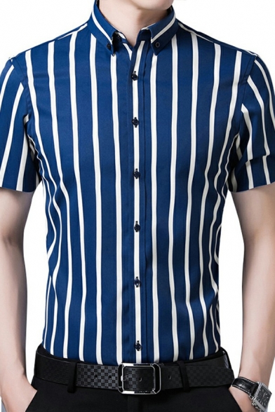 Men Formal Shirt Striped Print Button-down Collar Button up Short Sleeves Slim Fit Shirt