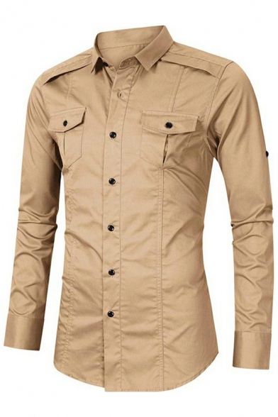 Men Leisure Shirt Solid Color Turn-down Collar Flap Pockets Button up Long Sleeve Regular Fit Shirt