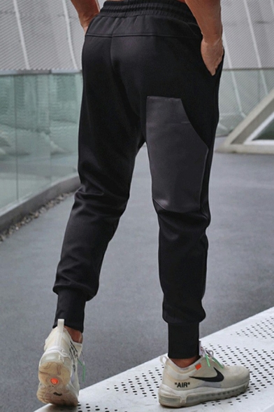 Men Modern Drawstring Harem Pants Stripe Print Plain Fitted Long Tapered Pants in Black