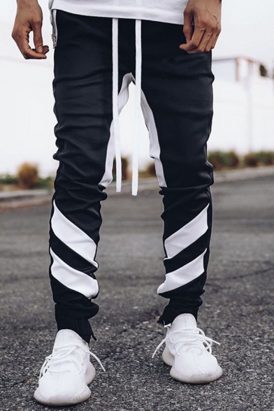 Men Popular Sport Trousers Side Stripe Drawstring Mid-Rise Long Slim Fitted Pants