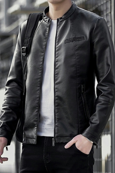 Men Retro Leather Jacket Solid Color PU Stand Collar Zip Fly Front Pocket Slim Fitted Leather Jacket