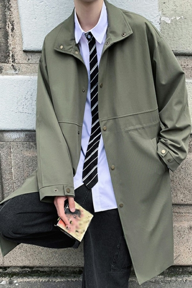 Men's Casual Trench Coat Plain Spread Collar Pocket Detail Single Breasted Oversize Trench Coat