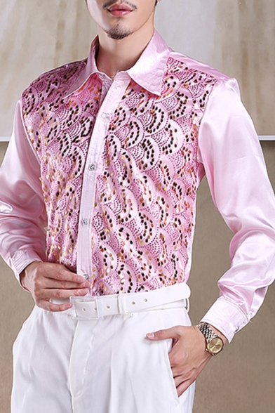 Men's Fashionable Shirt Sequins Print Button-down Patchwork Point Collar Long Sleeve Regular Fit Shirt