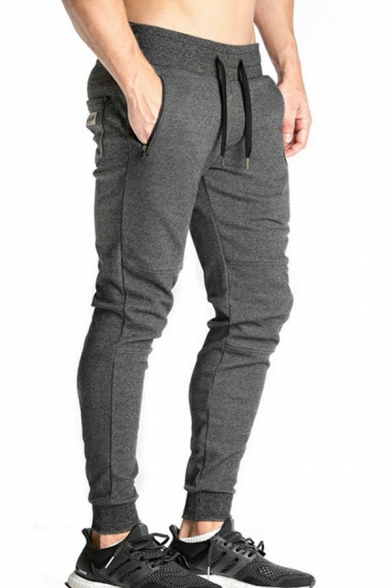 Men Sporty Drawstring Pants Solid Color Pocket Detail Skinny Fit Mid Rise Full Length Track Pants