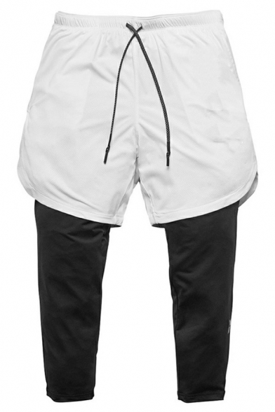 Men Sporty Pants False Two Pieces Drawstring Quick Dry Hip Pocket Detailed Skinny Pants