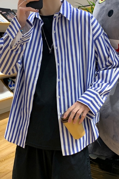 Men Street Style Shirt Stripe Pattern Button Detailed Long Sleeve Lapel Oversize Shirt