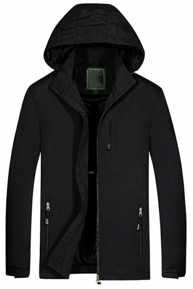 Men Stylish Jacket Pure Color Armband Embellished Zipper Closure Long Sleeves Fit Hooded Jacket