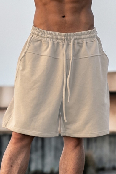 Mens Basic Shorts Pure Color Drawcord Waist Knee Length Relaxed Shorts