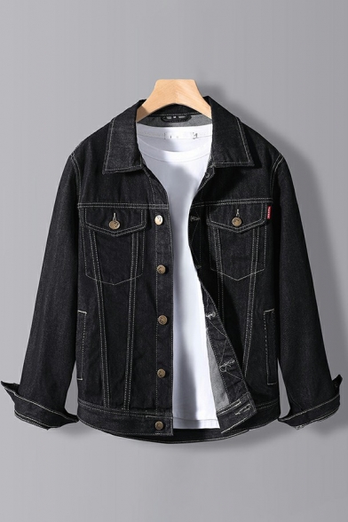 Mens Casual Jacket Pure Color Button Closure Chest Pockets Lapel Collar Long Sleeve Fitted Denim Jacket