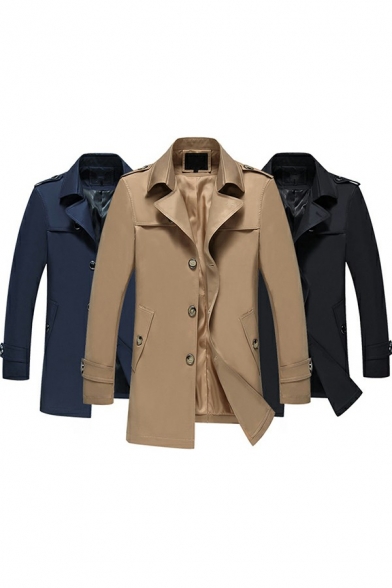 Mens Chic Trench Coat Plain Suit Collar Single Breasted Pocket Detail Slim Trench Coat