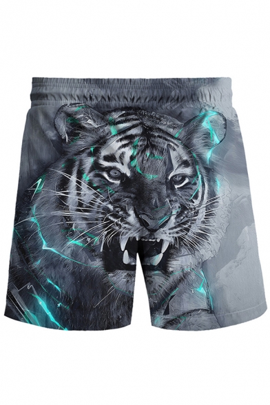 Mens Trendy Shorts Tiger Pattern Pocket Detailed Elastic Waist Slim Mini Shorts
