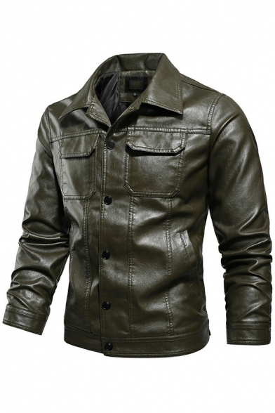 Mens Urban Leather Jacket Plain Chest Pocket Turn Down Collar Long Sleeves Button-up Slim Leather Jacket