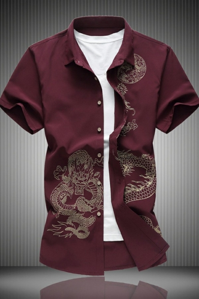 Modern Mens Shirt Dragon Pattern Short Sleeve Turn-down Collar Slim Button-up Shirt