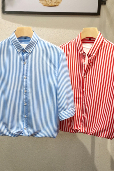 Modern Shirt Pinstripe Pattern Button up Button-down Collar Half-sleeved Slim Fitted Shirt for Men