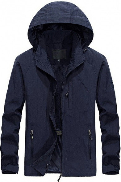 Popular Jacket Solid Color Waterproof Zip Closure Long-Sleeved Zipper Pockets Fitted Hooded Jacket