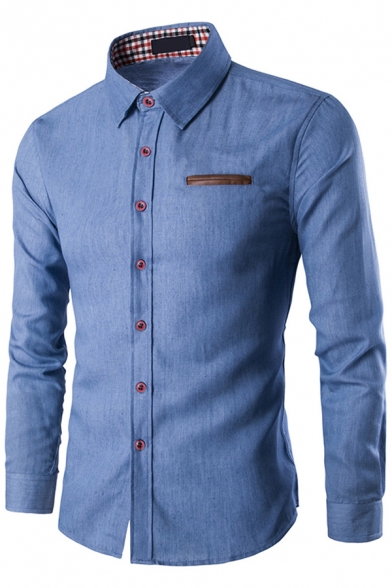 Popular Men’s Shirt Plain Zipper Pocket Long Sleeve Turn Down Collar Button-up Slim Denim Shirt