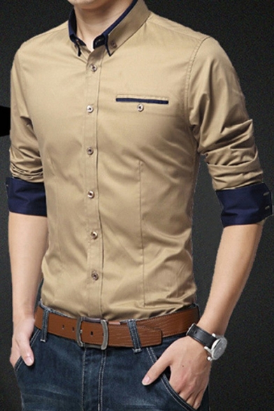 Popular Mens Shirt Solid Color Chest Pocket Button Down Collar Roll-up Sleeve Slim Fitted Shirt Top