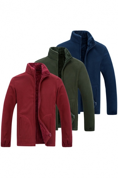 Simple Sweatshirt Plain Sherpa Lined Zip-Fly Long Sleeve Stand Collar Regular Sweatshirt for Guys