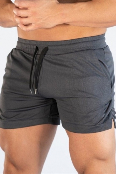 Sportswear Men's Shorts Solid Color Drawstring Design Mid Rise Slim Fitted Shorts