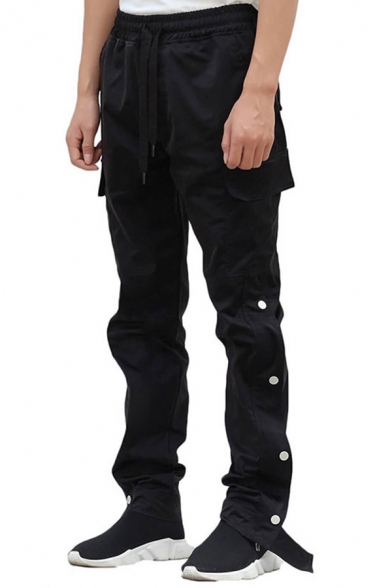 Stylish Lounge Pants Plain Drawstring Waist Button-down Side Seam Full Length Loose Pants for Men