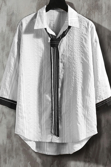 Stylish Shirt Patchwork Print Button Closure 3/4 Sleeve Turn-down Collar Loose Shirt for Men