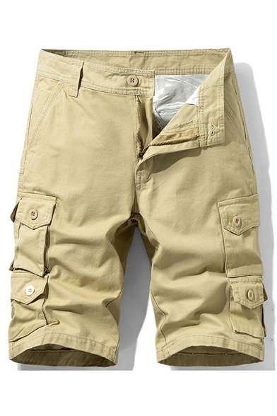 Trendy Cargo Shorts Plain Zip-Fly Flap Pockets Mid Rise Knee Length Fitted Shorts for Men