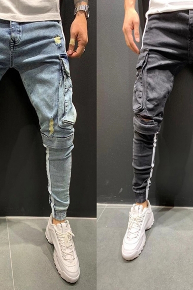 Trendy Men's Jeans Letter Print Flap Pockets Full Length Tapered-Leg Cargo Jeans