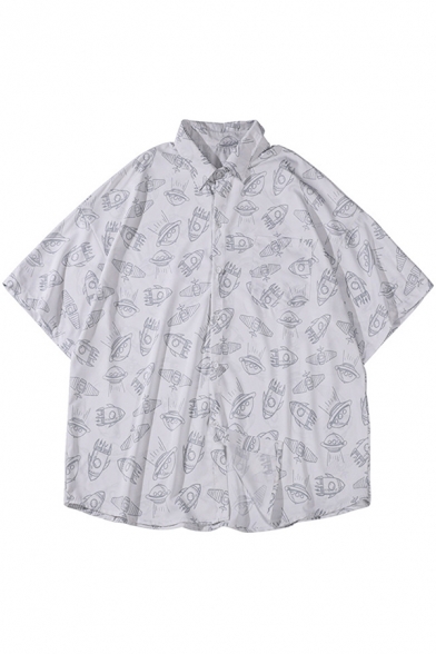 Trendy Shirt All over Rocket Pattern Button up Short Sleeve Point Collar Loose Shirt for Men