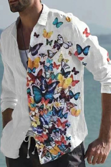 Unique Mens Shirt Butterflies Printed Long Sleeve Turn Down Collar Button-up Relaxed Shirt
