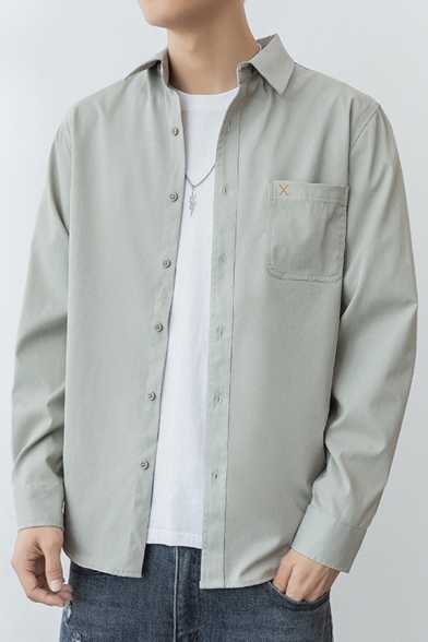 Basic Men's Shirt Solid Color Front Pocket Long-Sleeved Point Collar Button Relaxed Fitted Shirt Top