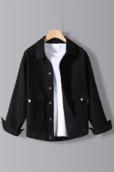 Basic Mens Jacket Pure Color Flap Pockets Spread Collar Long Sleeve Relaxed Button-up Denim Jacket