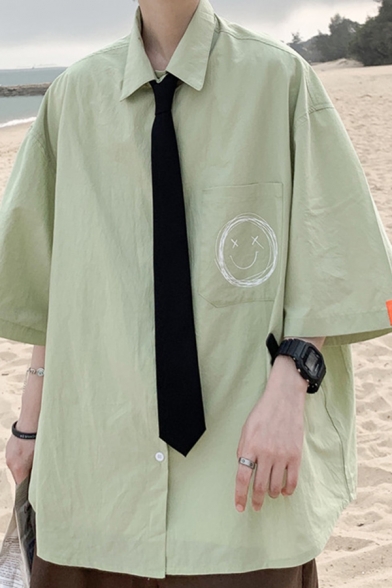 Boyish Shirt Smiley Patterned Button Closure Turn-down Collar Pocket Detailed Half Sleeves Fitted Shirt
