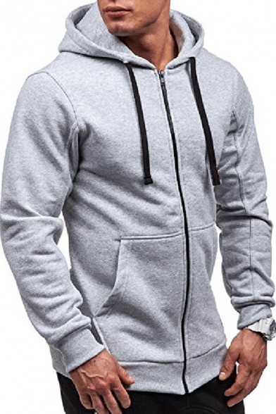 Casual Hoodie Solid Color Kangaroo Pocket Long Sleeves Zipper Closure Drawstring Loose Hoodie for Men