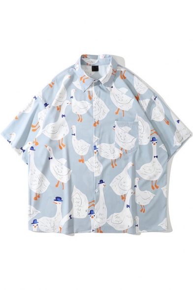 Casual Shirt All Over Cartoon Goose Pattern Turn Down Collar Short Sleeves Loose Fit Button Shirt for Men