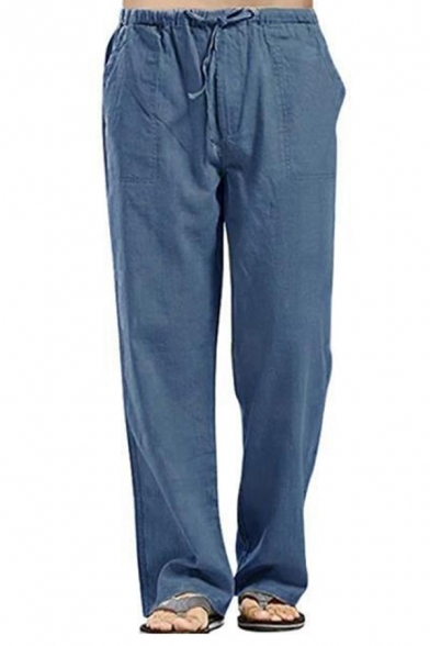 Casual Wide Leg Pants Solid Color Elastic Waist Mid-Rise Pocket Detailed Loose Pants for Men