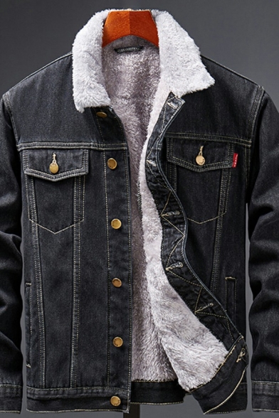 Cool Guys Jacket Sherpa Liner Button-up Flap Pockets Long Sleeve Spread Collar Fitted Denim Jacket
