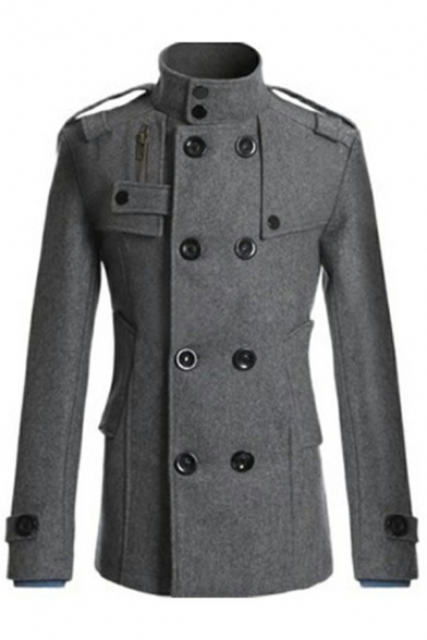 Cool Mens Trench Coat Solid Color Double Breasted Long Sleeve Stand Collar Slim Fit Trench Coat