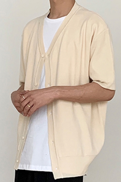 Elegant Cardigan Pure Color Button-down Short Sleeve V-neck Knit Loose Cardigan for Men