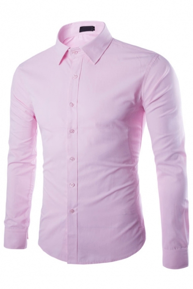 Elegant Men's Shirt Plain Button Closure Long Sleeve Lapel Slim Fitted Shirt