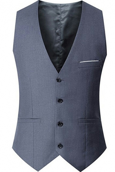 Elegant Plain Men's Suit Vest Belt Back V-Neck Sleeveless Single-Breasted Slim Fit Vest