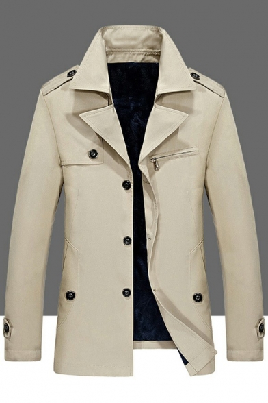 Fashionable Guys Trench Coat Solid Color Single Breasted Notched Collar Long Sleeved Slim Fit Trench Coat