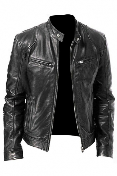Fashionable Jacket Pure Color Stand Collar Zipper Pockets Long Sleeve Zip-Fly Slim Fit Leather Jacket for Men